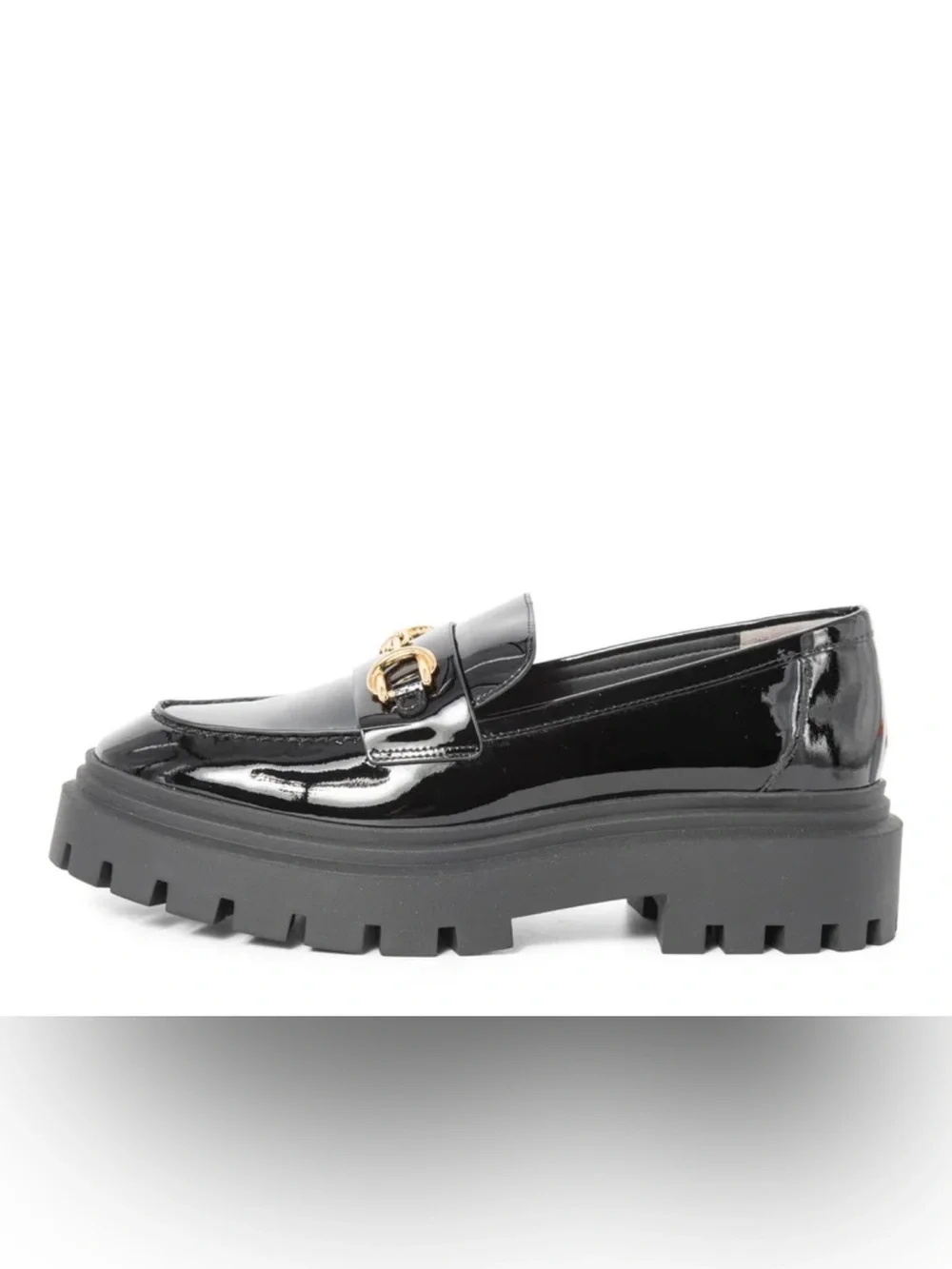 Stuart Weitzman Black Patent Loafer with Gold Chain | Size 39.5